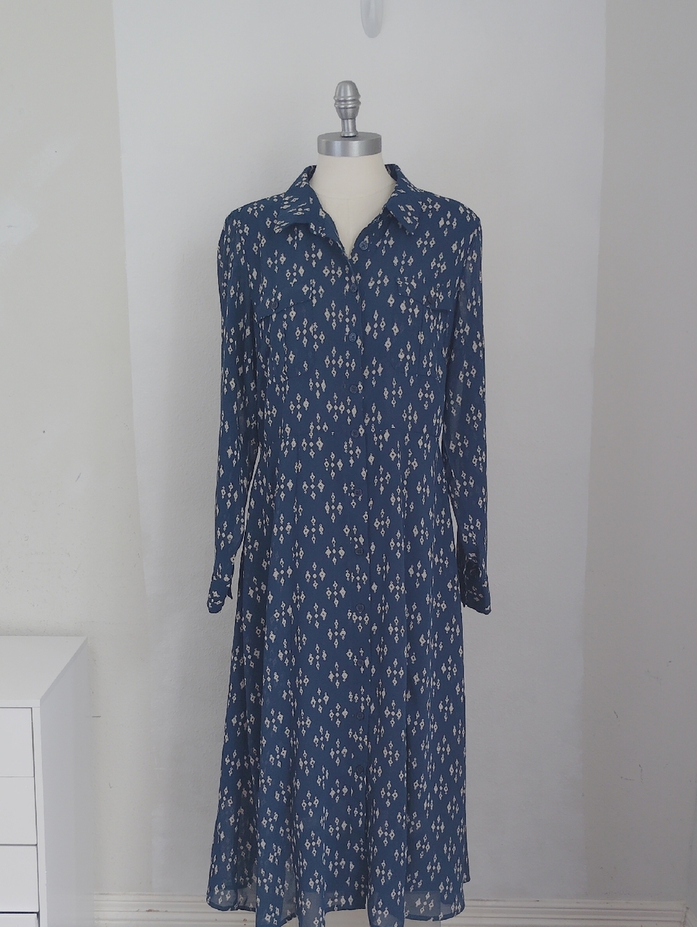 Lucky Brand Dark Blue Ikat Print Collar Long Sleeve Button Up Midi Dress Sz 12